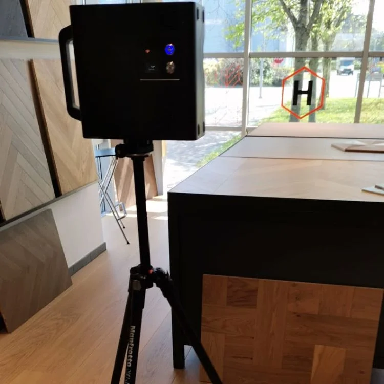 Camera setup capturing the Wood Flooring Showroom Virtual Tour at Havwoods Ireland.