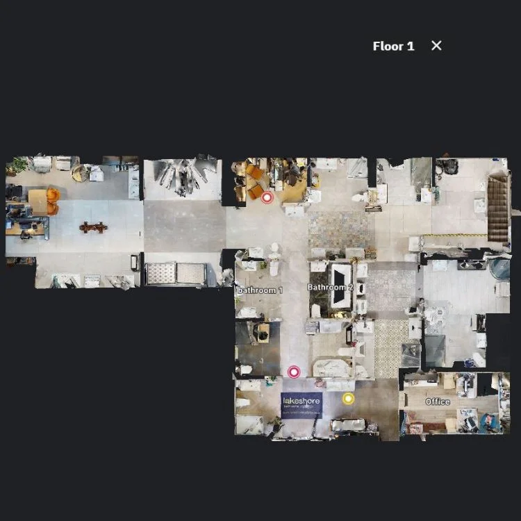 Floor plan of the Lakeshore Bathrooms & Tiles Showroom virtual tour, showcasing the layout of premium bathroom and tile design sections.