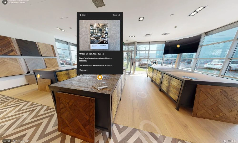 Retail showroom virtual tour showcasing wood flooring samples and modern design, featuring an interactive Matterport experience with product information pop-ups.