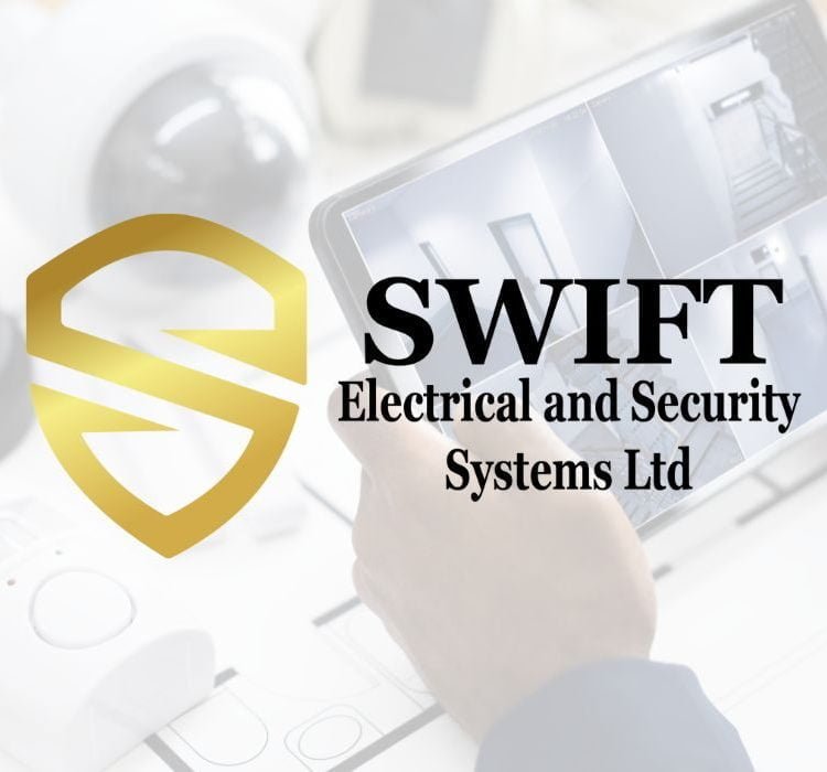 Swift Electrical and Security Systems Ltd logo design included in our Graphic Design Portfolio, featuring a golden shield emblem.