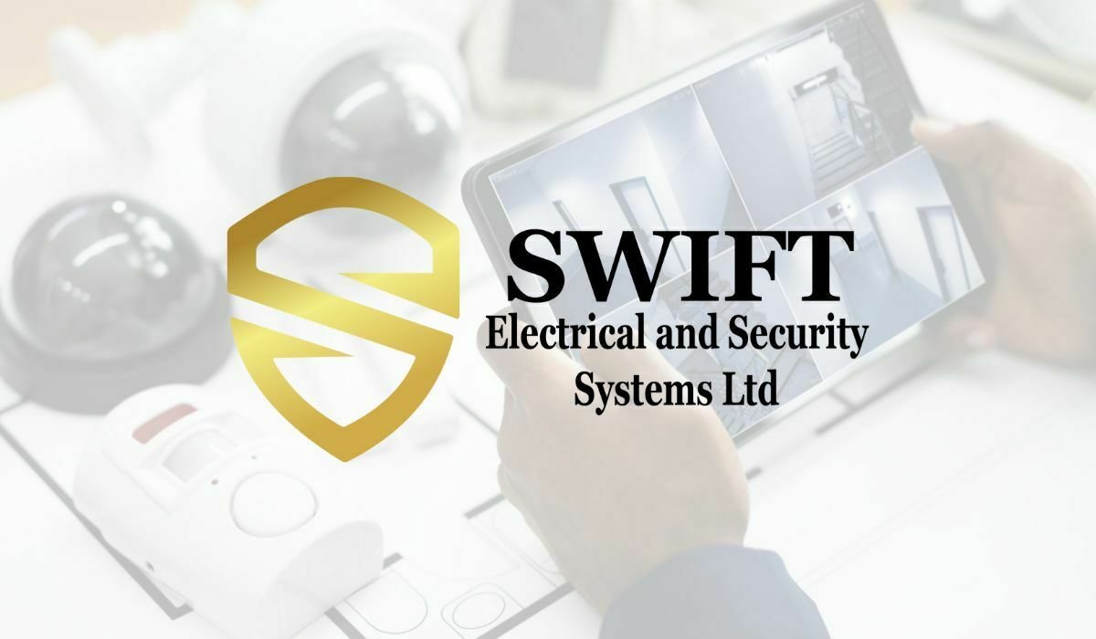 Swift Electrical and Security Systems Ltd logo design included in our Graphic Design Portfolio, featuring a golden shield emblem.