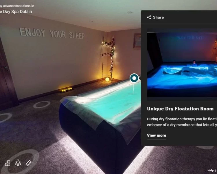 Virtual tour of Unique Day Spa's dry floatation room, showcasing its relaxing ambiance and cutting-edge therapy setup.