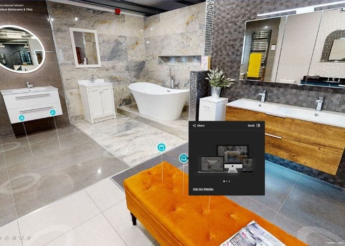 3D virtual tour of a contemporary bathroom showroom with modern fixtures and elegant design.