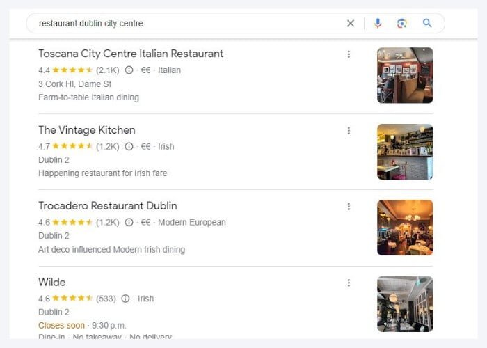 Google search results for Dublin city centre restaurants
