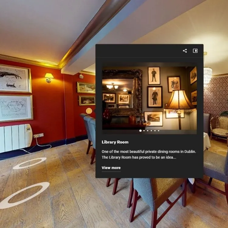 Matterport 3D view of the elegantly designed Library Room in a Dublin restaurant, showcasing a sophisticated virtual tour experience.