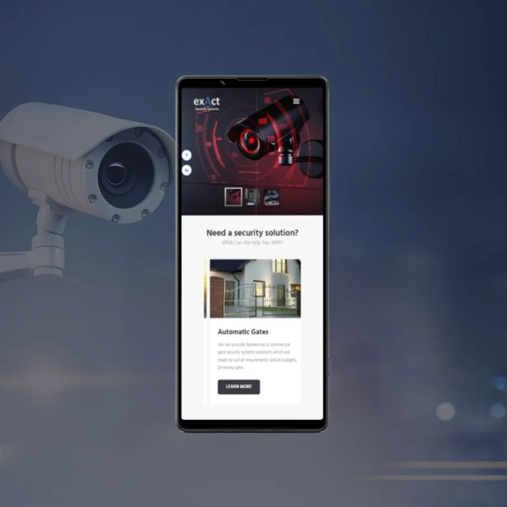 Mobile view of Exact Security Systems' website offering automatic gates and security solutions, displayed with a security camera in the background.