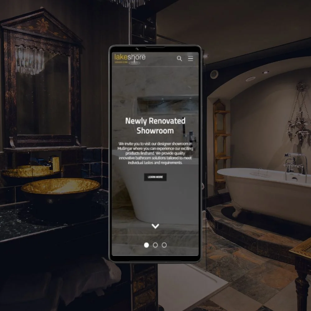 Mobile view of Lakeshore Bathrooms' website showcasing their newly renovated showroom for bathroom solutions.