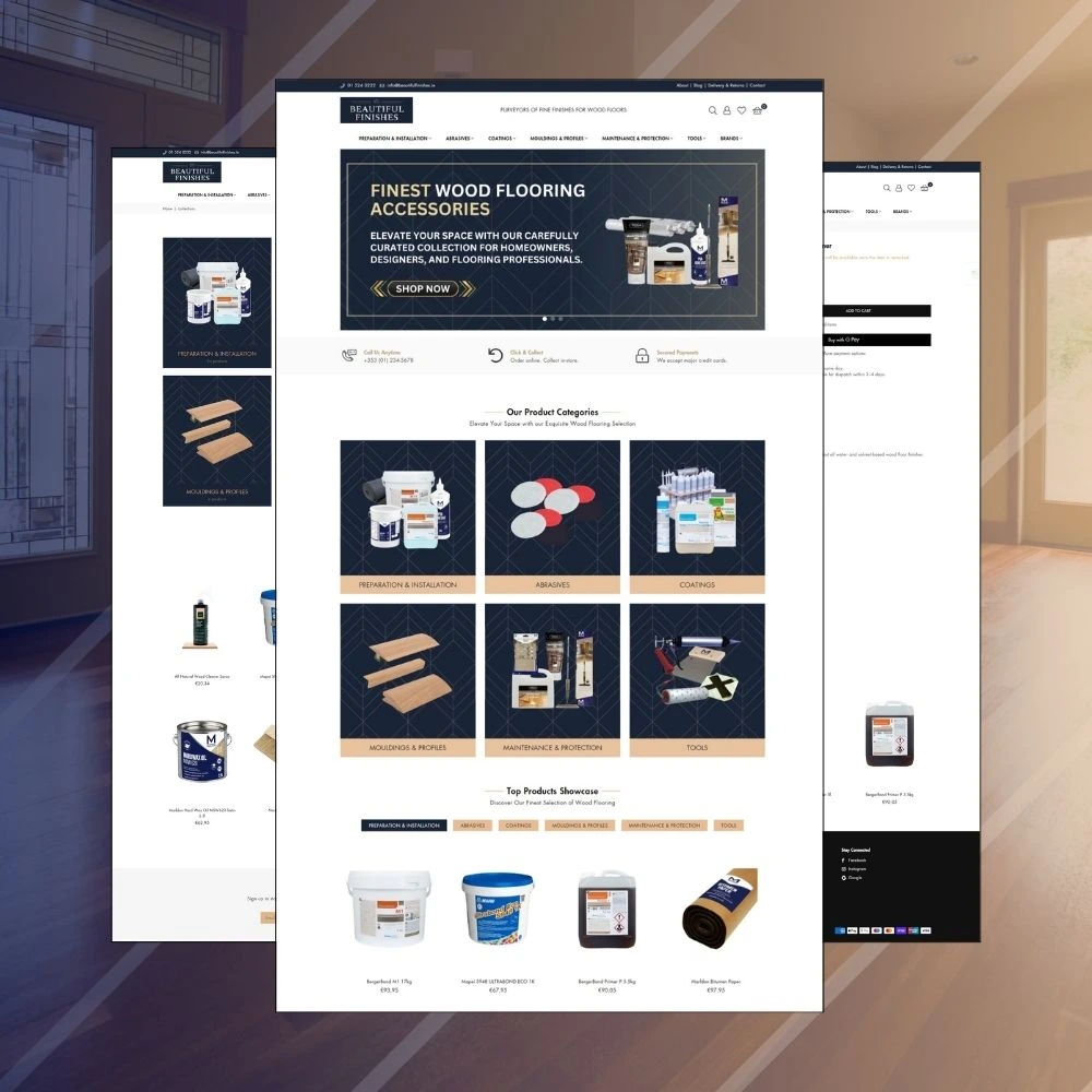 Wood flooring eCommerce website design for Beautiful Finishes showcasing flooring products