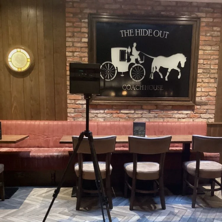 3D virtual bar tour setup at The Hideout Kilcullen featuring the Matterport camera in the cosy interior.
