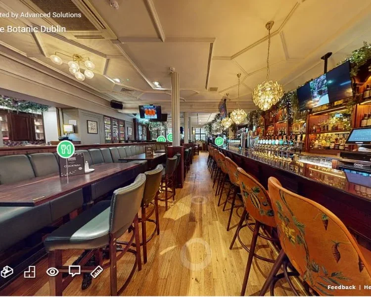 3D Virtual Tour of The Botanic Dublin showcasing the elegant bar area, seating, and vibrant atmosphere.