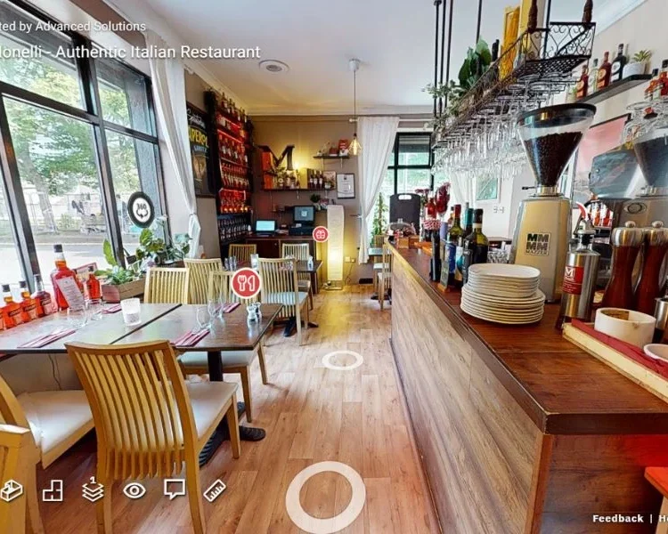 3D Virtual Tour of I Monelli featuring the cosy bar and dining area, with authentic Italian decor and a welcoming ambiance.