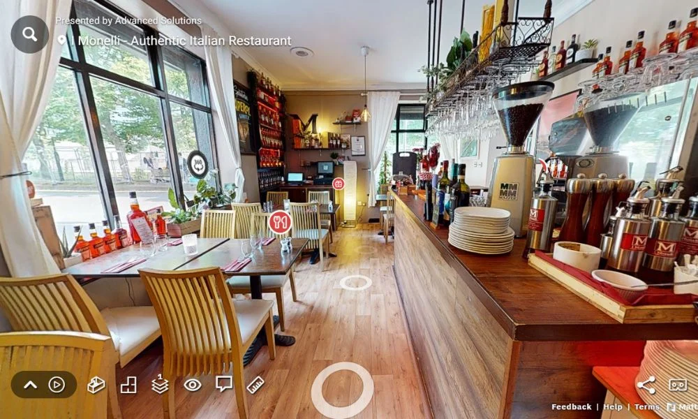 3D Virtual Tour of I Monelli featuring the cosy bar and dining area, with authentic Italian decor and a welcoming ambiance.