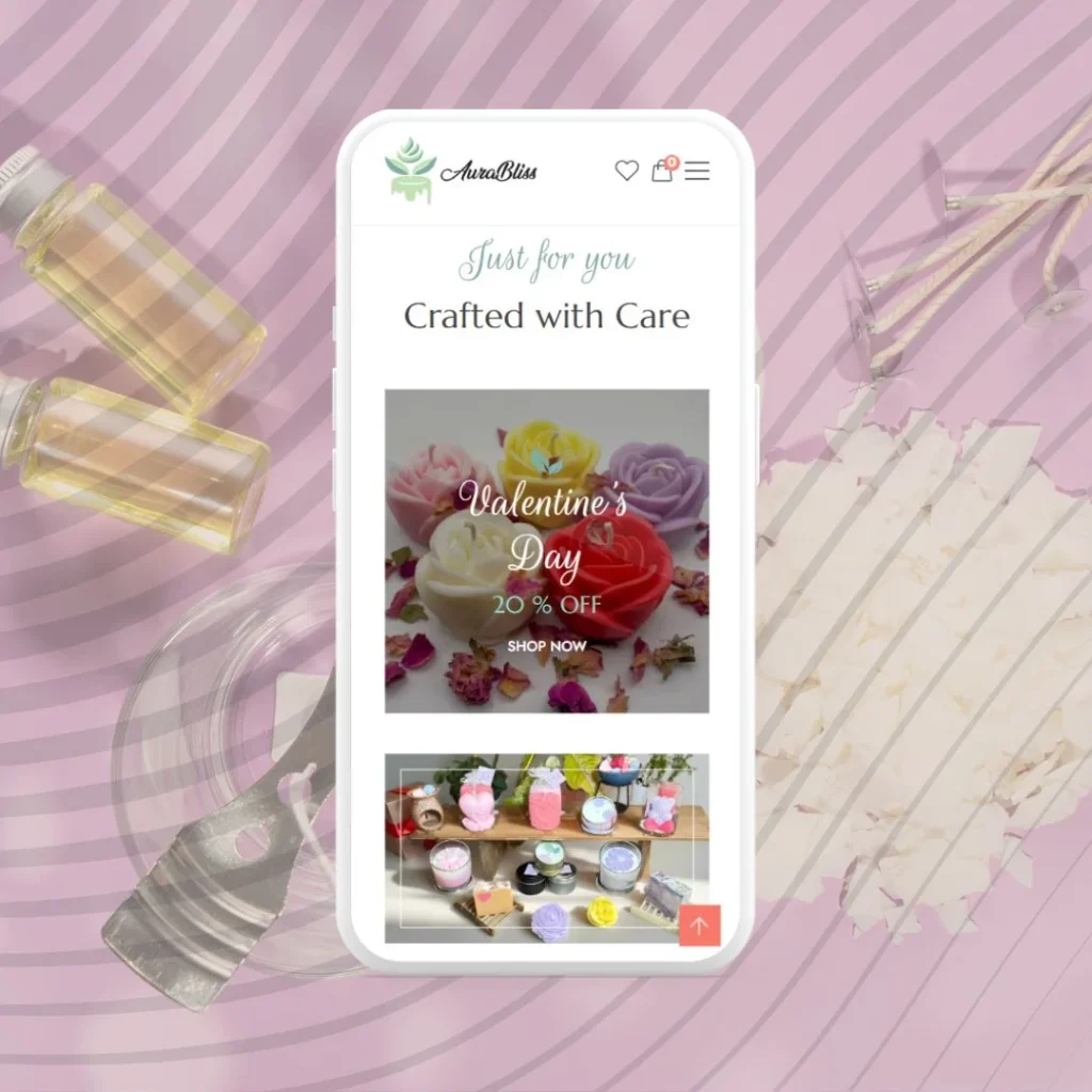 AuraBliss mobile view of eco-friendly candles with Valentine's Day promotion and product display.